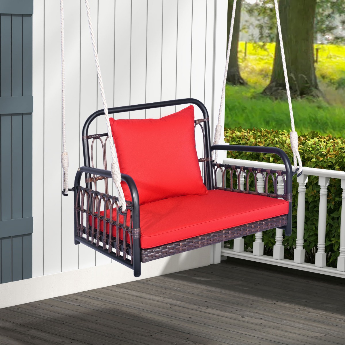 Costway Altalena da terrazza in vimini per patio, Sedile singolo con cuscinoi di seduta e schienale telaio metallico Rosso