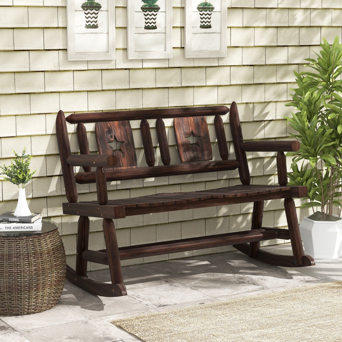 Costway Panca a dondolo da patio in legno carbonizzato con seduta ergonomica, Sedia a dondolo per esterno 111x85x89cm