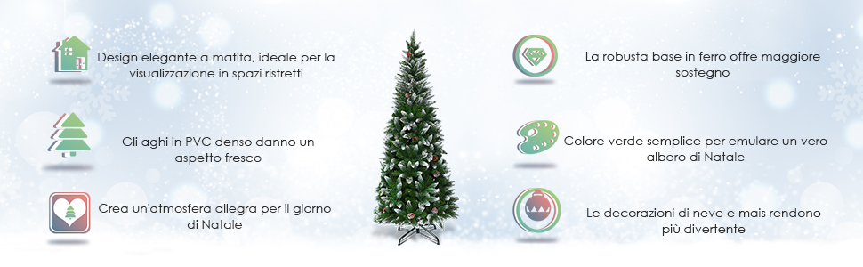 Albero di Natale 220 cm in PVC di alta qualità, Albero di Natale innevato  con 720 rami - Costway