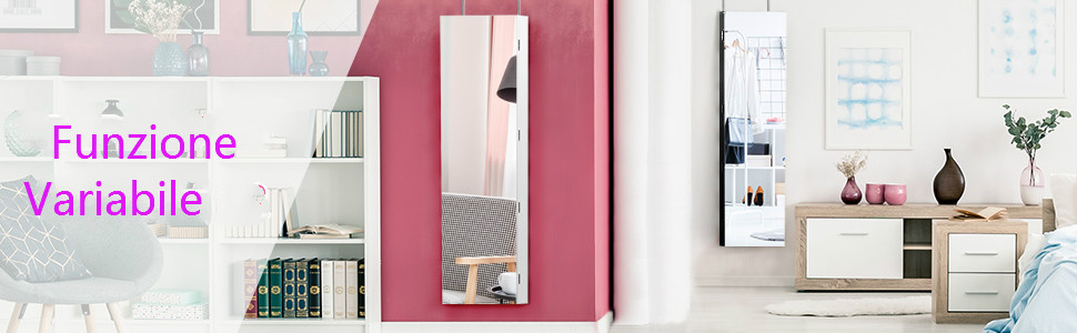 Costway Armadietto portagioie con specchio 2 in 1 Armadio per gioielli da  parete per camera da letto 96x35x10cm Bianco