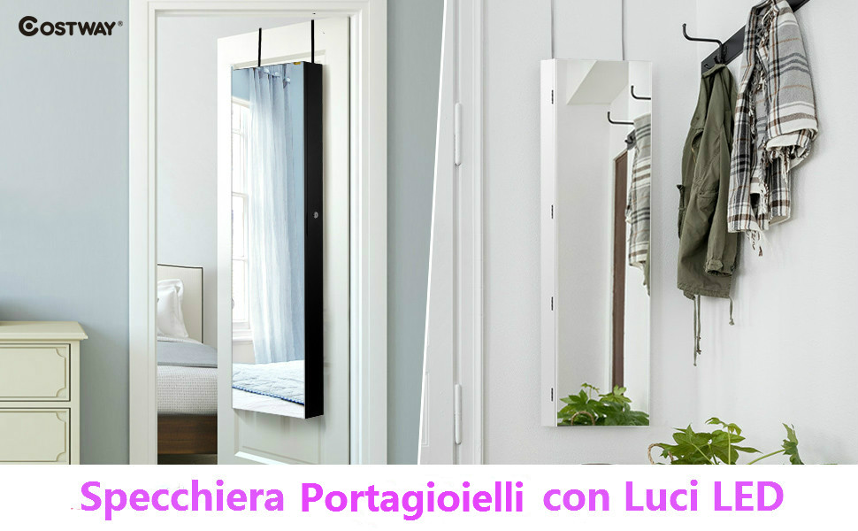 COSTWAY Armadietto per Gioielli con Specchio Portagioie, Specchiera da  Parete con Luci LED, Bloccabile a Chiave, 33,5 x 10 x 120 cm (Bianco)