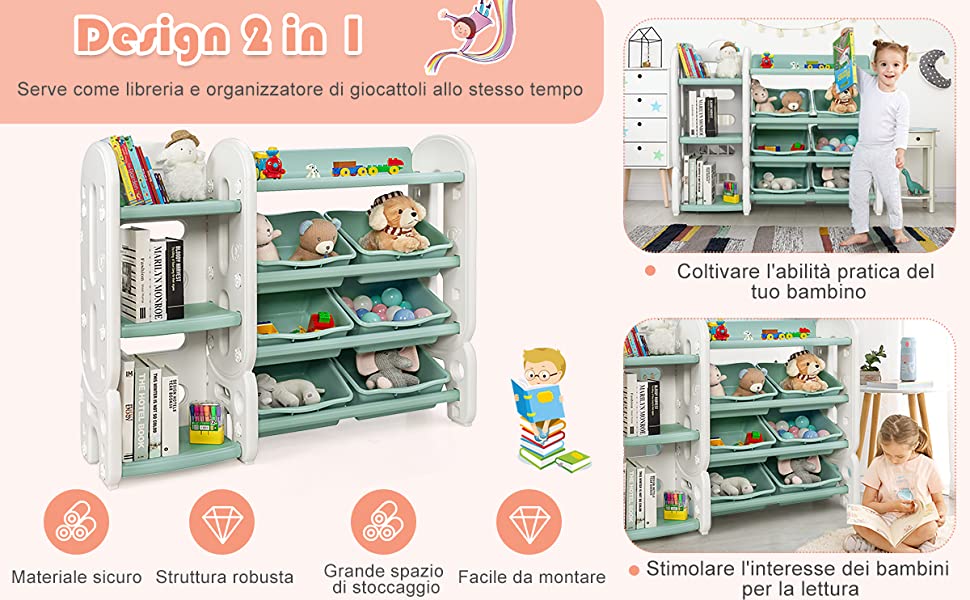 Organizer per giocattoli con scatole per bambini, Scaffale multilivello in  plastica con libreria Verde - Costway
