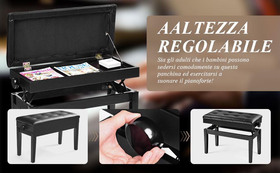 EASYCOMFORT Panca per Pianoforte Imbottita Altezza Regolabile Pieghevole  Antiscivolo, Nero, 39x29x47cm