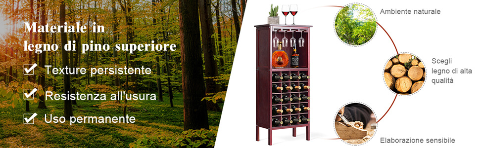 Costway Cantinetta portabottiglie in legno, Scaffale di vino con porta  calici per 20 bottiglie 42x24,5x96cm Bianco