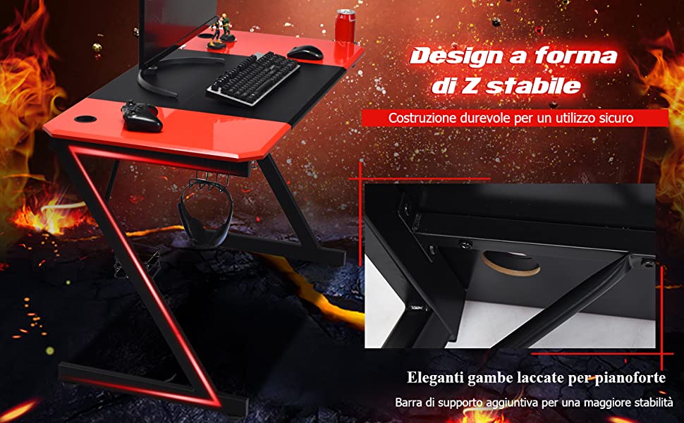 Scrivania da gaming con superficie in fibre di carbonio, Postazione da  gaming professionale 120x60x76cm Nero rosso - Costway