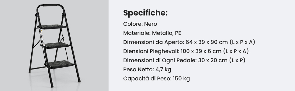Scala Scaletta Pieghevole SGABELLO SICURO STEEL MAX con 3 Gradini  Antiscivolo e Impugnatura in gomma portata max 150