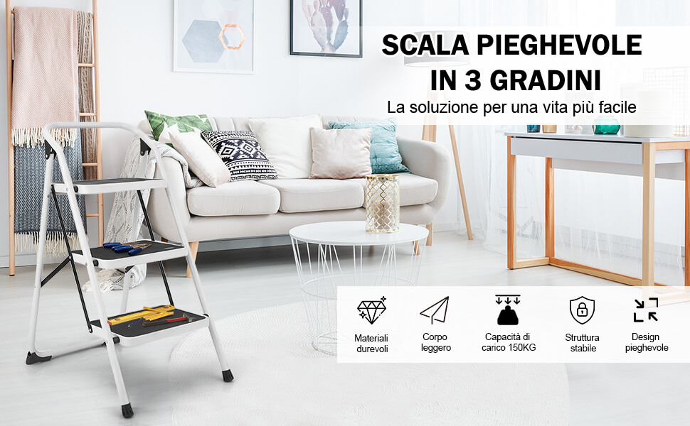 COSTWAY Scala Pieghevole a 3 Gradini, Scaletta Salvaspazio con