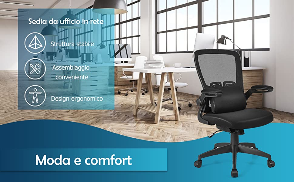 Sedia leggera a rete da ufficio con supporto lombare, Sedia ergonomica per  casa con schienale regolabile Grigio - Costway