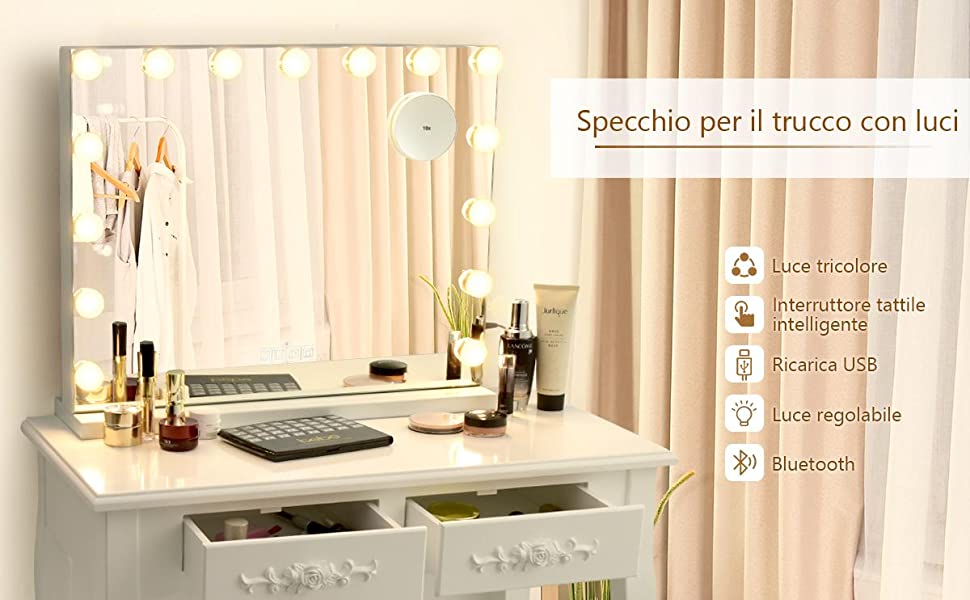 Relaxdays Specchio da Trucco con Illuminazione a LED, Sensore Touch, 6  Lampadine 3 Livelli di Luce, Batterie o USB, Nero