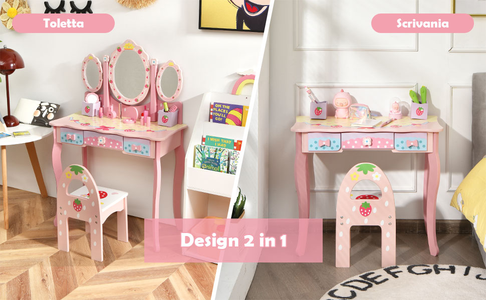 Set toeletta con con specchio tripartito e cassetto per bambini, Scrivania  smontabile 2 in 1 per leggere Rosa - Costway