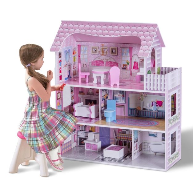 Casa delle bambole in legno per bambina Casa giocattolo dei bambini 3 piani  con mobili e accessori 61x26,5x71cm - Costway