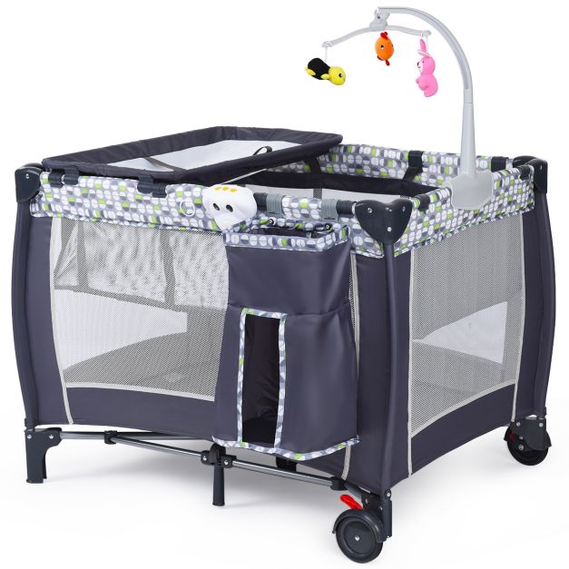 Lettino pieghevole per neonati con fasciatoio Culla per bambini 0-36 mesi con  i giocattoli e carillon 100x70x76cm Grigio - Costway