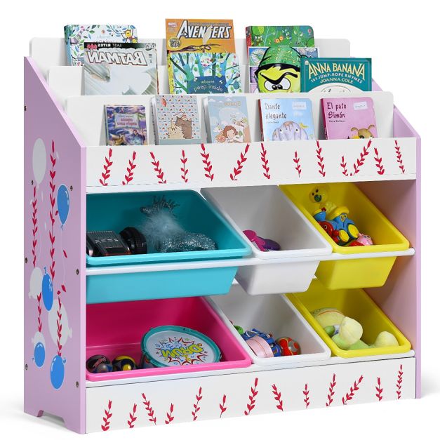 Scaffale porta giocattoli con 6 contenitori multicolore e 3 ripiani,  Organizer per camera dei bambini - Costway