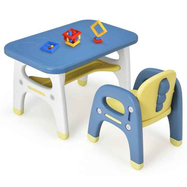 Set tavolo e sedia per bambini con forma di dinosauro, Mobili di plastica  con mensola e costruzioni Blu - Costway