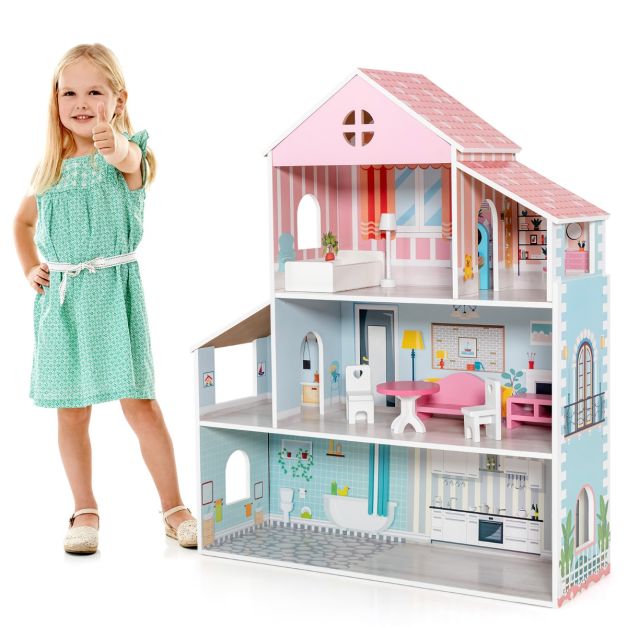 Casa delle bambole di legno con 8 mobili 3 piani 5 stanze con ingresso, Casa  per bambini da 3 a 7 annil - Costway