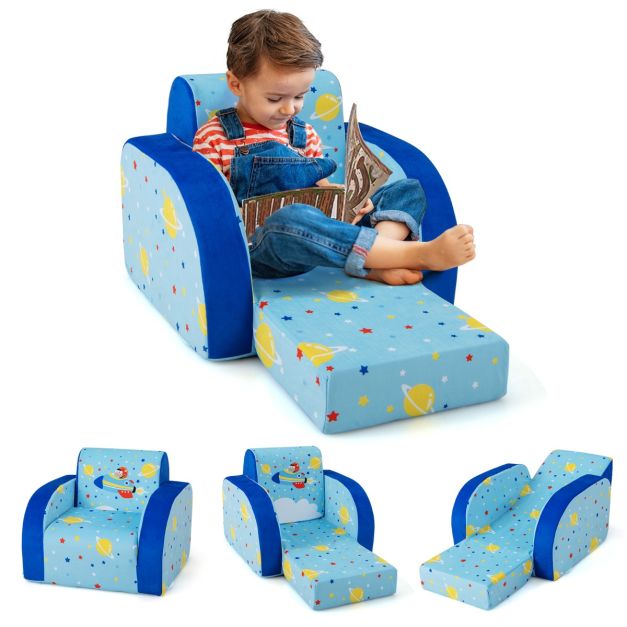 Divano convertibile 3 in 1 per bambini con seduta imbottita in schiuma  tessuto in velluto, Letto divano apribile Blu - Costway