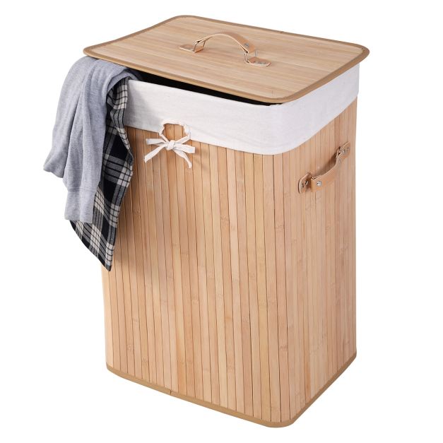 Mobiletto di bambù con cesto del bucato per bagno, Organizer lavanderia con  borsa rimovibile e 3 ripiani Naturale - Costway
