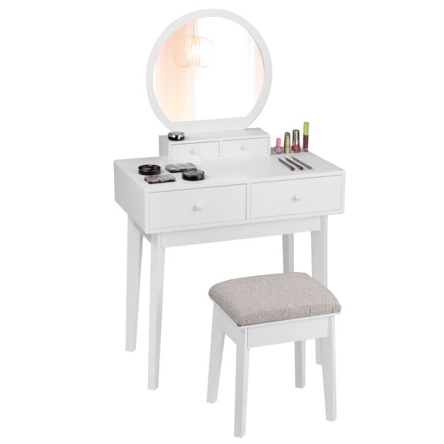 Tavolo da trucco con sgabello e specchio 75x40x130cm Tavolino cosmetico con  due cassetti in legno Bianco - Costway