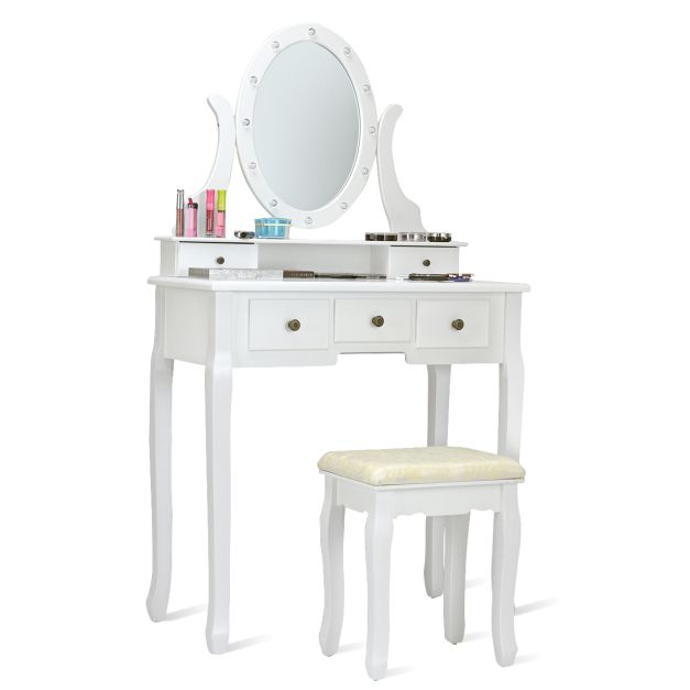 Toeletta con sgabello e specchio in legno Comò da trucco 60x50x77cm  Tavolino Cosmetico con vano contenitore Bianco - Costway
