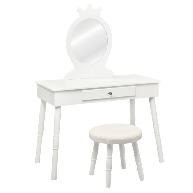 Costway Set tavolo toeletta e sgabello per bambini con specchio girevole a  360° e 3 cassetti, Tavolo da trucco Bianco