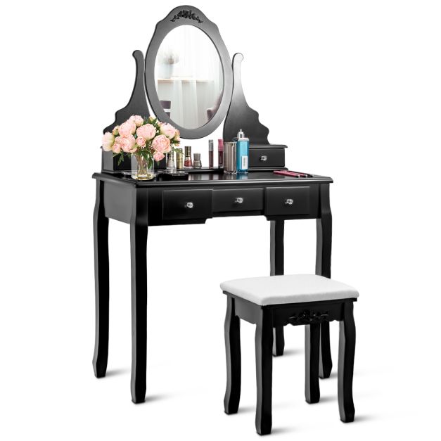 Set toeletta di legno con specchio ovale girevole a 360°, Set tavolo e  sedia trucco per camera da letto Nero - Costway