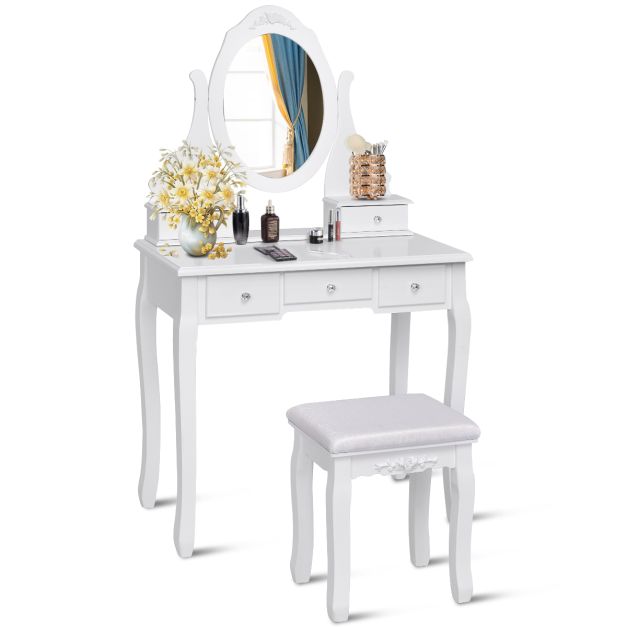 Set toeletta di legno con specchio ovale girevole a 360°, Set tavolo e  sedia trucco per camera da letto Bianco - Costway