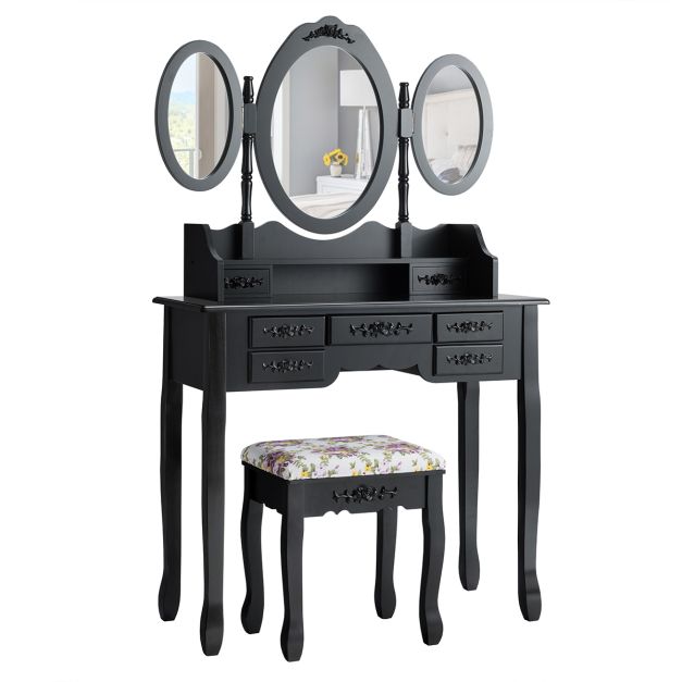 Set tavolo toeletta con 10 luci LED e specchio ovale, Tavolo da trucco con  4 cassetti e sgabello imbottito Nero - Costway