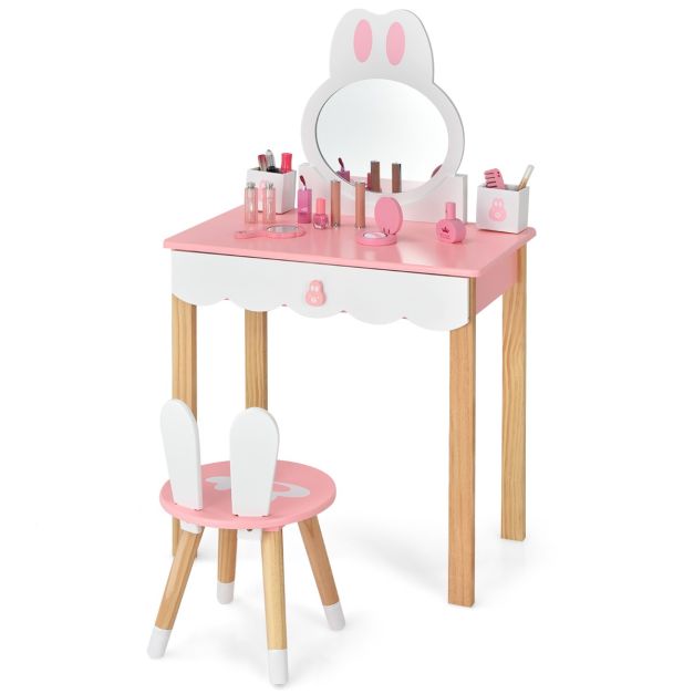 Set tavolo toeletta con specchio e cassetti per bambini, Tavolo da trucco  con sedia e scatole 60x34x103cm Rosa - Costway