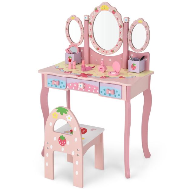 Set toeletta con specchio tripartito e 3 cassetti per bambini, Tavolo da  trucco con sgabello e 2 scatole Rosa - Costway