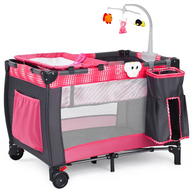 Lettino pieghevole per neonati con fasciatoio, Culla per bambini 0-36 mesi  con i giocattoli e carillon 100x70x76cm Rosa - Costway