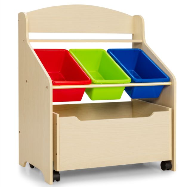 Mobile porta giocattoli con 2 vani e 2 contenitori, Organizer giochi per  bambini in legno 105x39,5x83,5cm Bianco - Costway