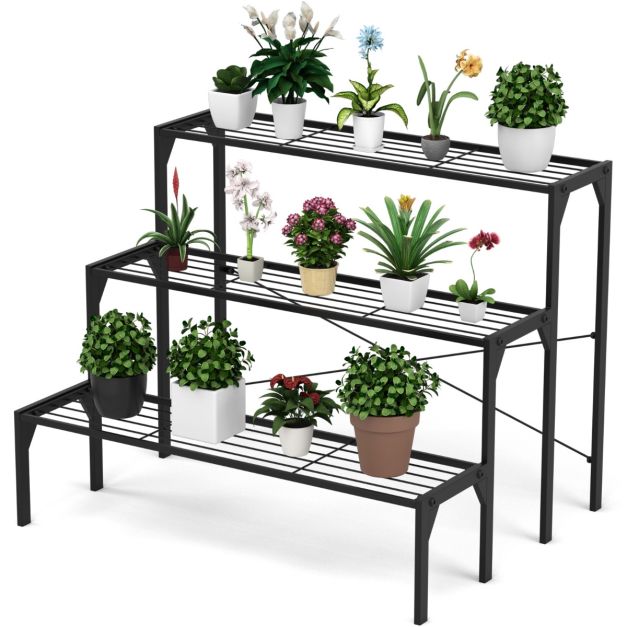 Porta piante di metallo a 3 livelli per corridoio cortile balcone, Scaffale  per fiori con struttura resistente - Costway