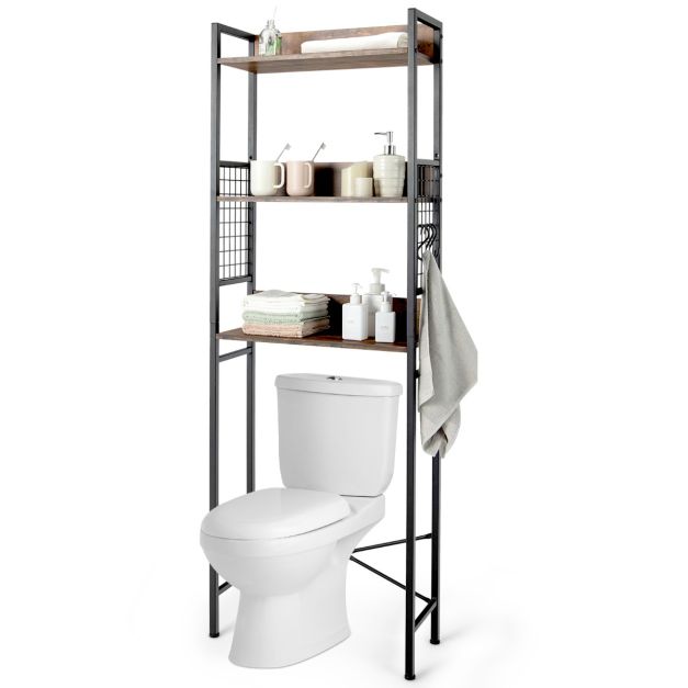 Scaffale di stoccaggio salvaspazio sopra la toilette, Scaffale per il bagno  a 3 livelli con 3 ganci Marrone - Costway