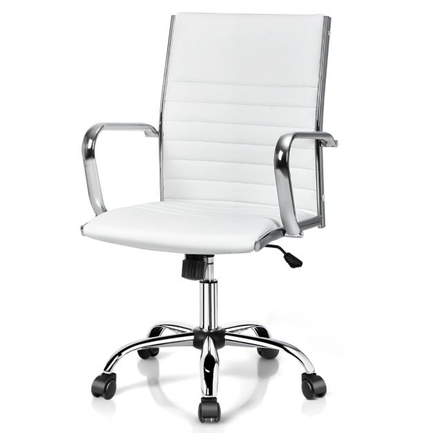 Sedia da ufficio con schienale alto a coste per scrivania, Sedia girevole  in pelle PU con altezza regolabile Bianco - Costway