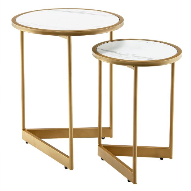 Set di 2 tavolini da salotto rotondi, Tavolini moderni con piano in marmo e  struttura in acciaio dorato Bianco - Costway