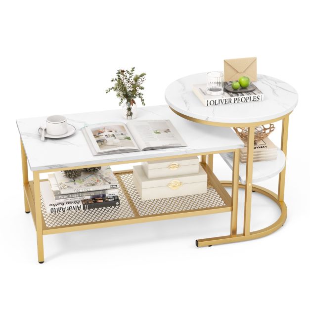 Tavolino da salotto a 2 livelli con telaio in metallo, Tavolino  rettangolare in vetro temperato da soggiorno Oro - Costway