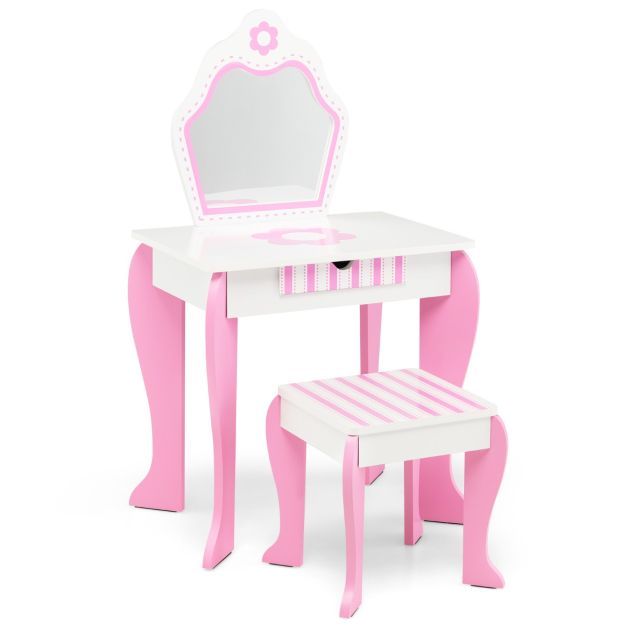 Set di tavolino e sgabello con specchio e cassetto per bambini, Set di tavolino  da trucco 2 in 1 Bianco - Costway