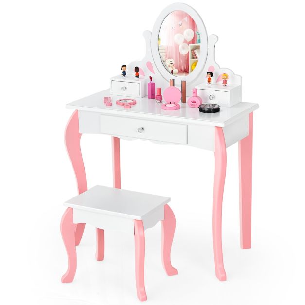Set tavolo toeletta e sgabello per bambini con specchio girevole a 360° e 3  cassetti, Tavolo da trucco Bianco