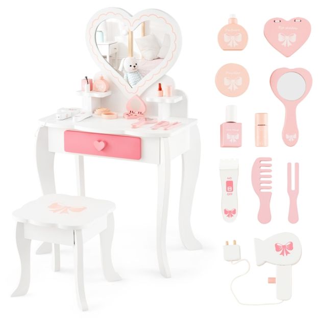 Set di tavolino e sgabello con specchio e cassetto per bambini, Set di tavolino  da trucco 2 in 1 Bianco - Costway