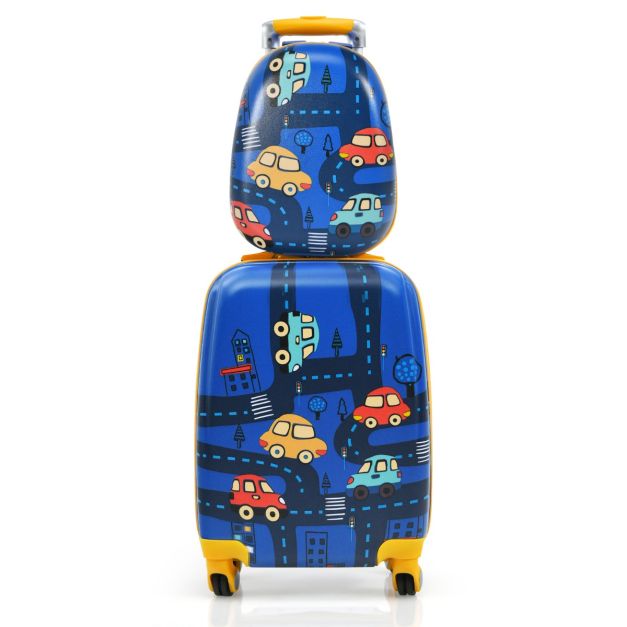 Set valigia rigida 32cm e zaino 24cm con manico retrattile, Set valigia con  ruote da viaggio per bambini Blu - Costway