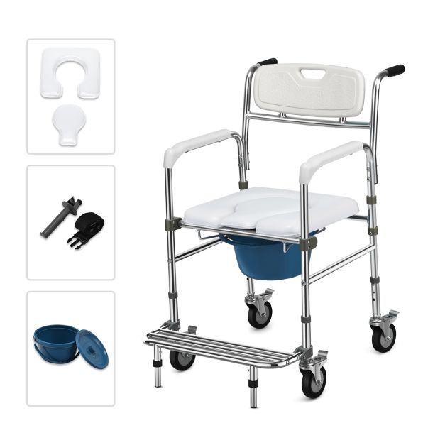 Sedia rotelle con 3 altezze regolabili e WC per persone anziane e disabili, Sedia  per doccia con pedali pieghevoli - Costway