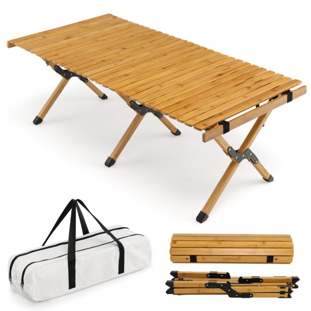 Tavolo da campeggio pieghevole di bambù, Tavolo da picnic leggero con borsa  di trasporto per esterno - Costway