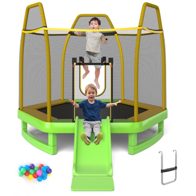 Trampolino elastico per bambini con scivolo scaletta diametro 223cm,  Saltarello con struttura in metallo Verde