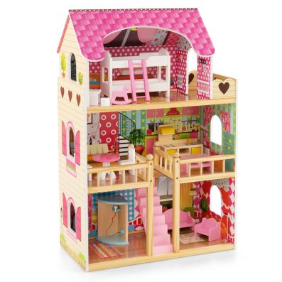 Casa delle bambole in legno per bambini, Set da gioco con 3 piani 6 stanze  simulate e 15 pezzi di mobili Rosa - Costway