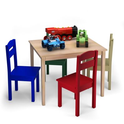 Set tavolo e sedie per bambini da 5 pezzi con schienale curvo in legno,  Tavolo attività con 4 sedie Colorato