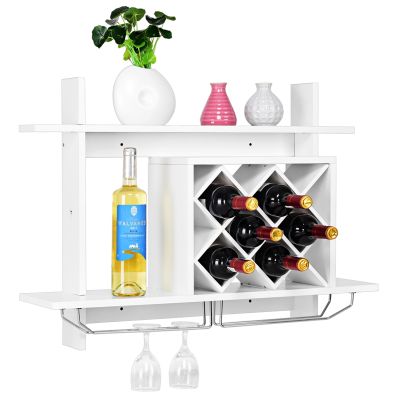Portabottiglie a parete in legno per 6 botttiglie con supporto per  bicchieri Bianco - Costway