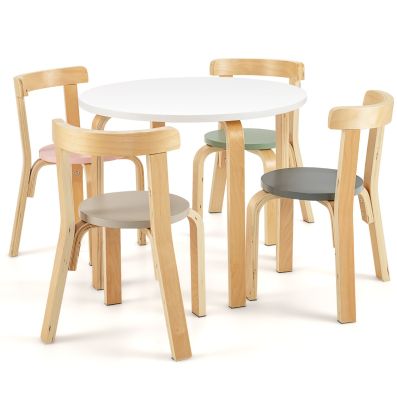 Set tavolo e sedie per bambini da 5 pezzi con schienale curvo in legno,  Tavolo attività con 4 sedie Colorato - Costway